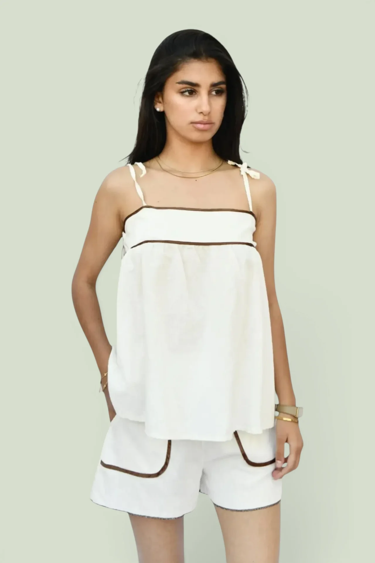 Linen Blend Contrast Trim Set