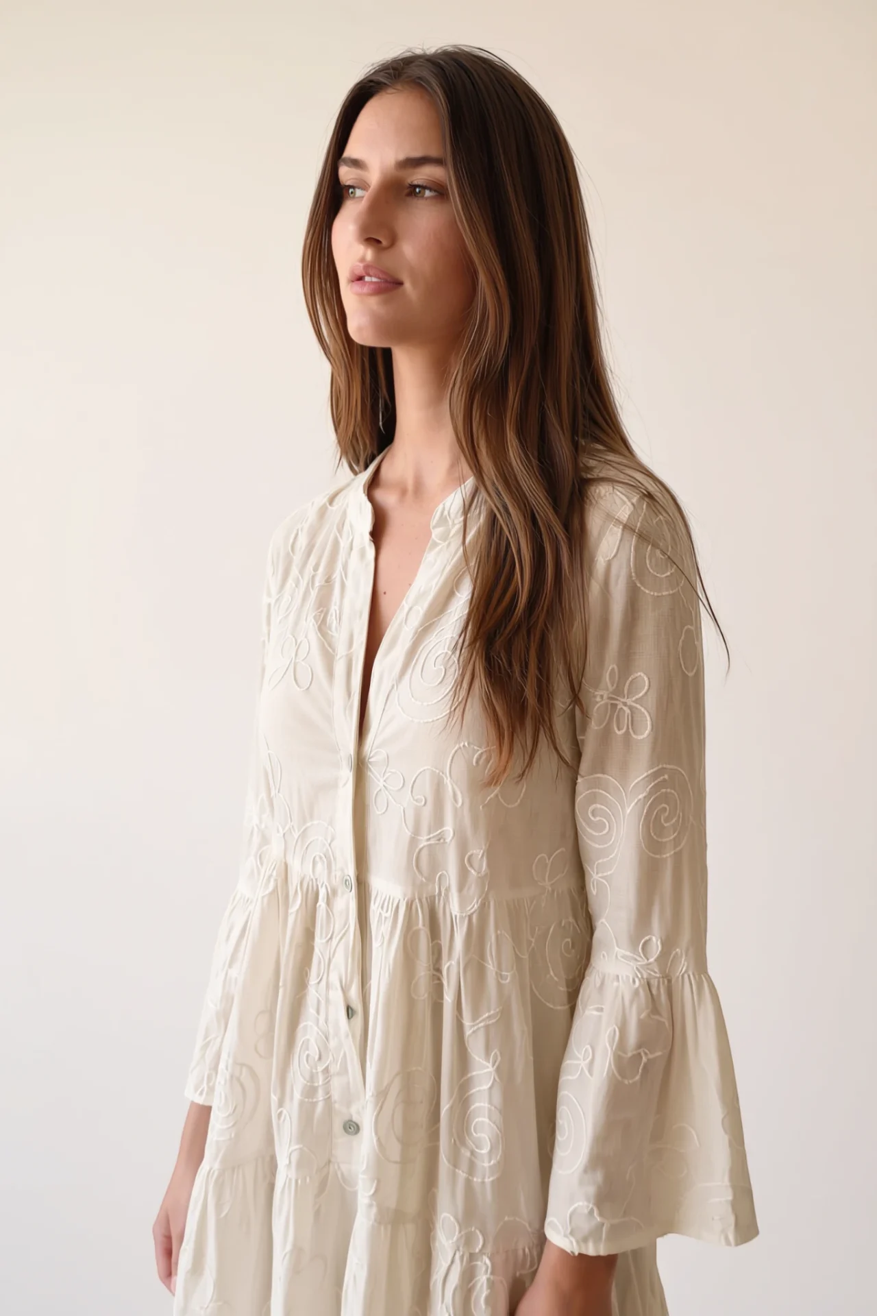 Embroidered Linen Tiered Dress