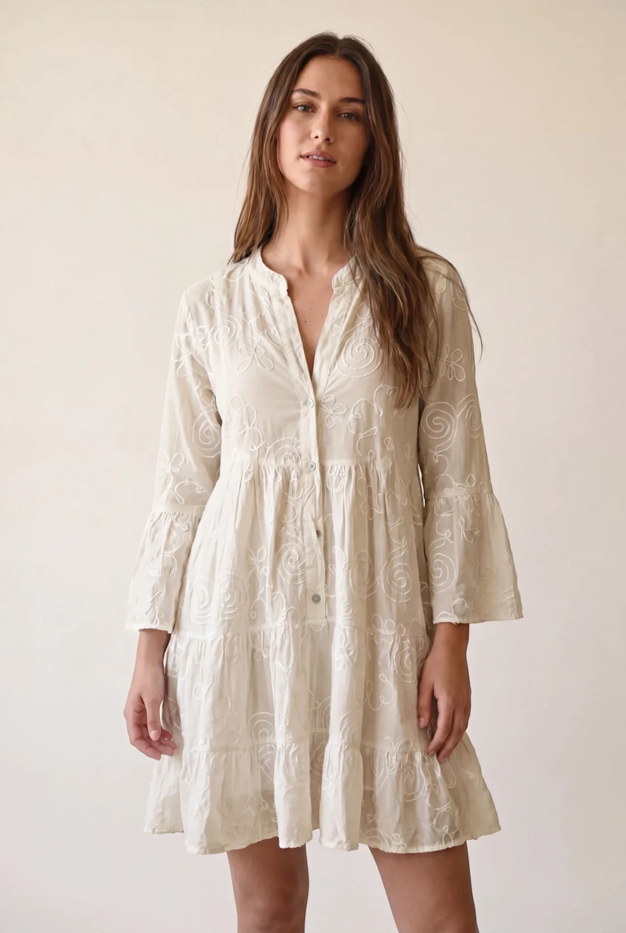 Embroidered Linen Tiered Dress
