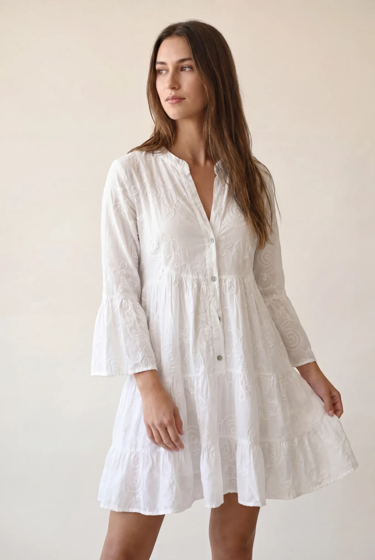 Embroidered Linen Tiered Dress