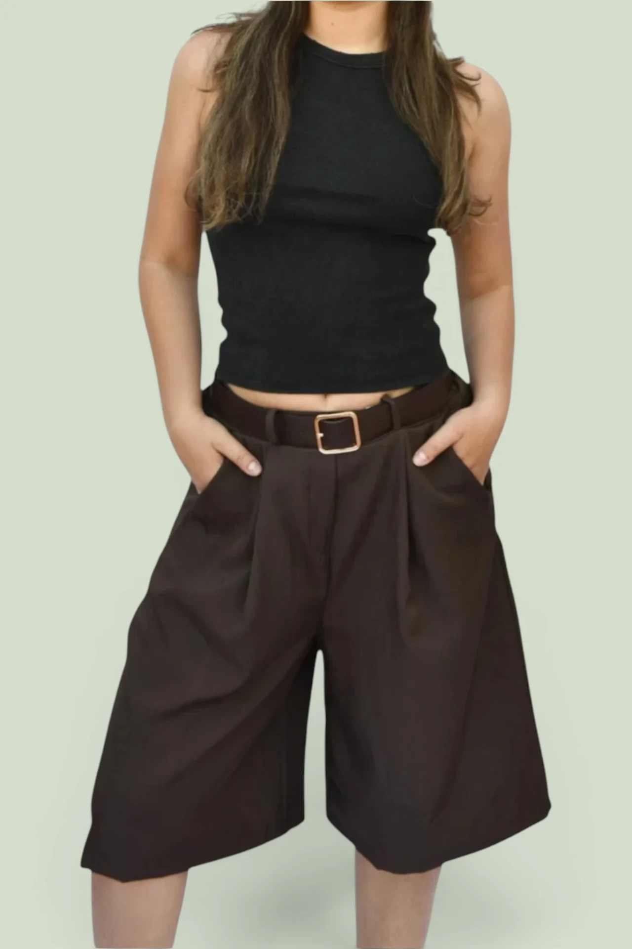 Pleated Wide-Leg Bermuda Shorts with Belt