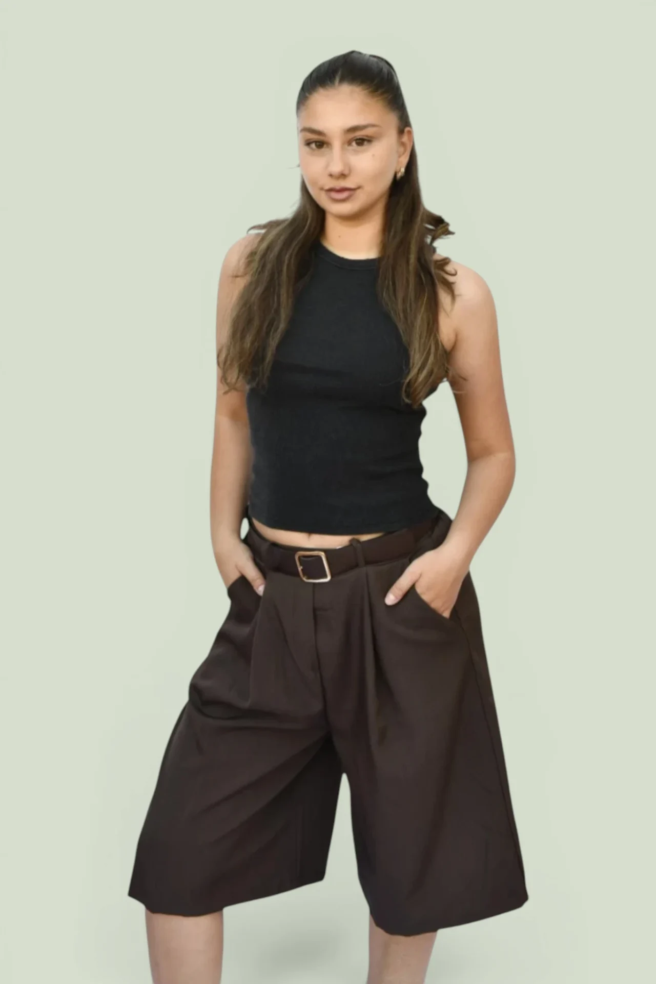 Pleated Wide-Leg Bermuda Shorts with Belt alternate view