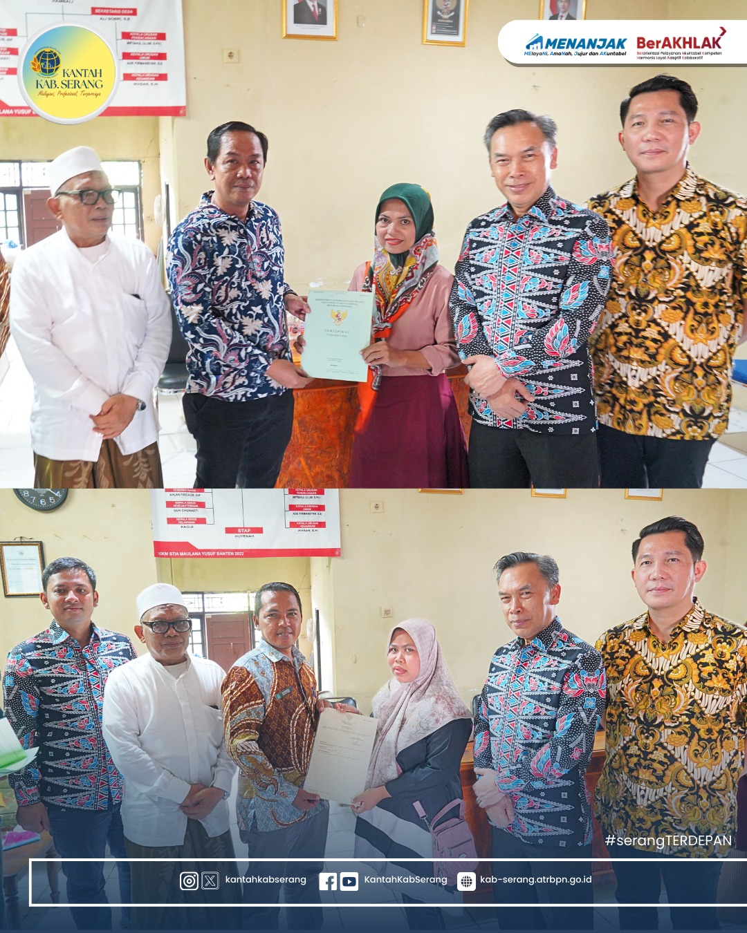 Kepala Kantor Pertanahan Kabupaten Serang Menyerahkan Sertipikat PTSL di Desa Sambilawang Kecamatan Waringin kurung