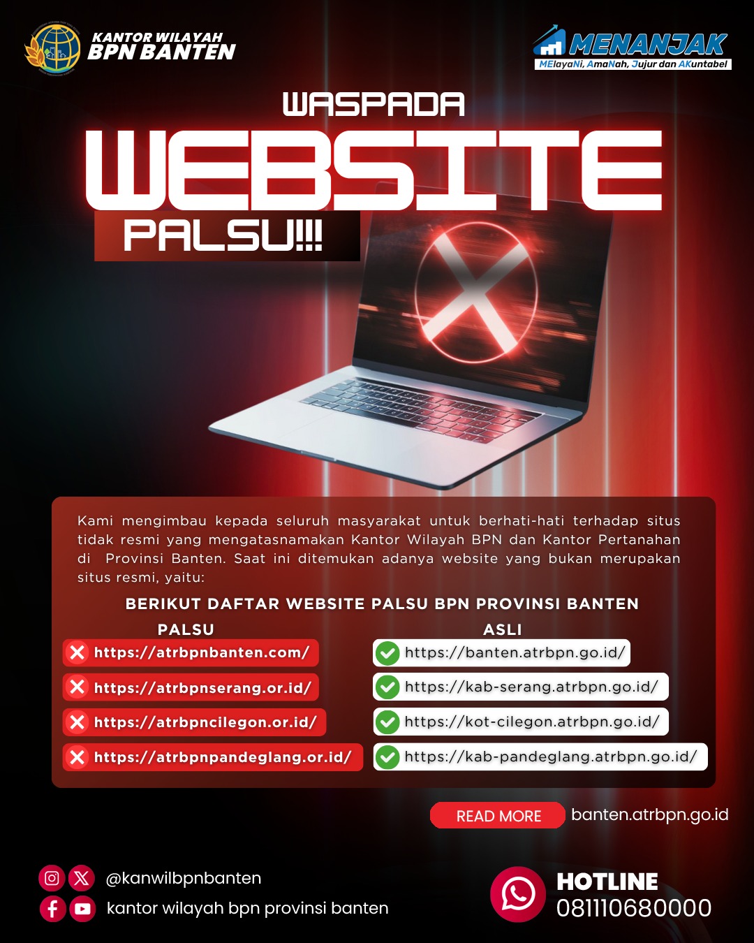 KANWIL BPN PROVINSI BANTEN MENGINFORMASIKAN WEBSITE PALSU YANG BEREDAR