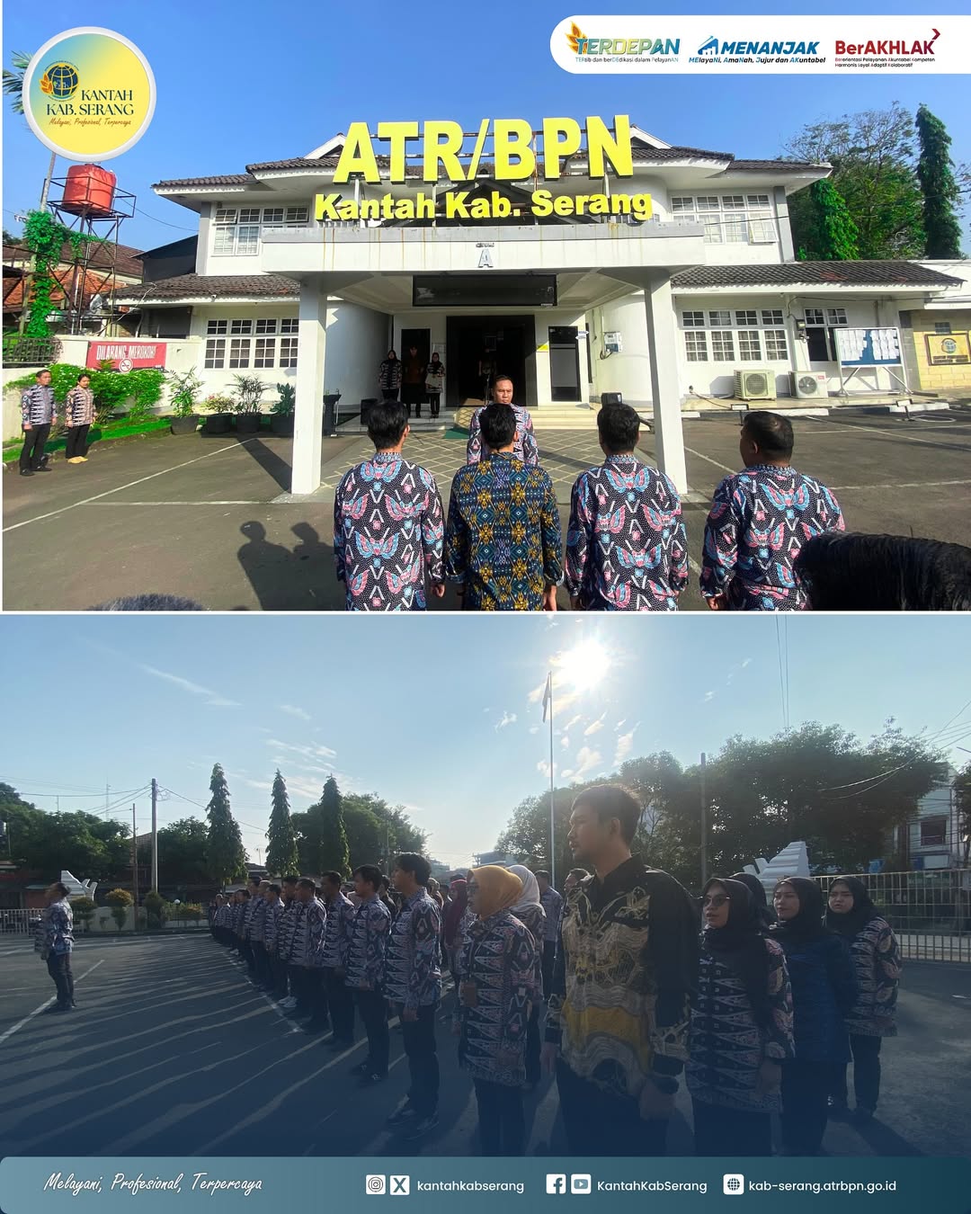 Kantah Kab Serang melaksanakan kegiatan apel pagi rutin di halaman kantor sebagai bagian dari upaya penegakan disiplin dan kekompakan pegawai.