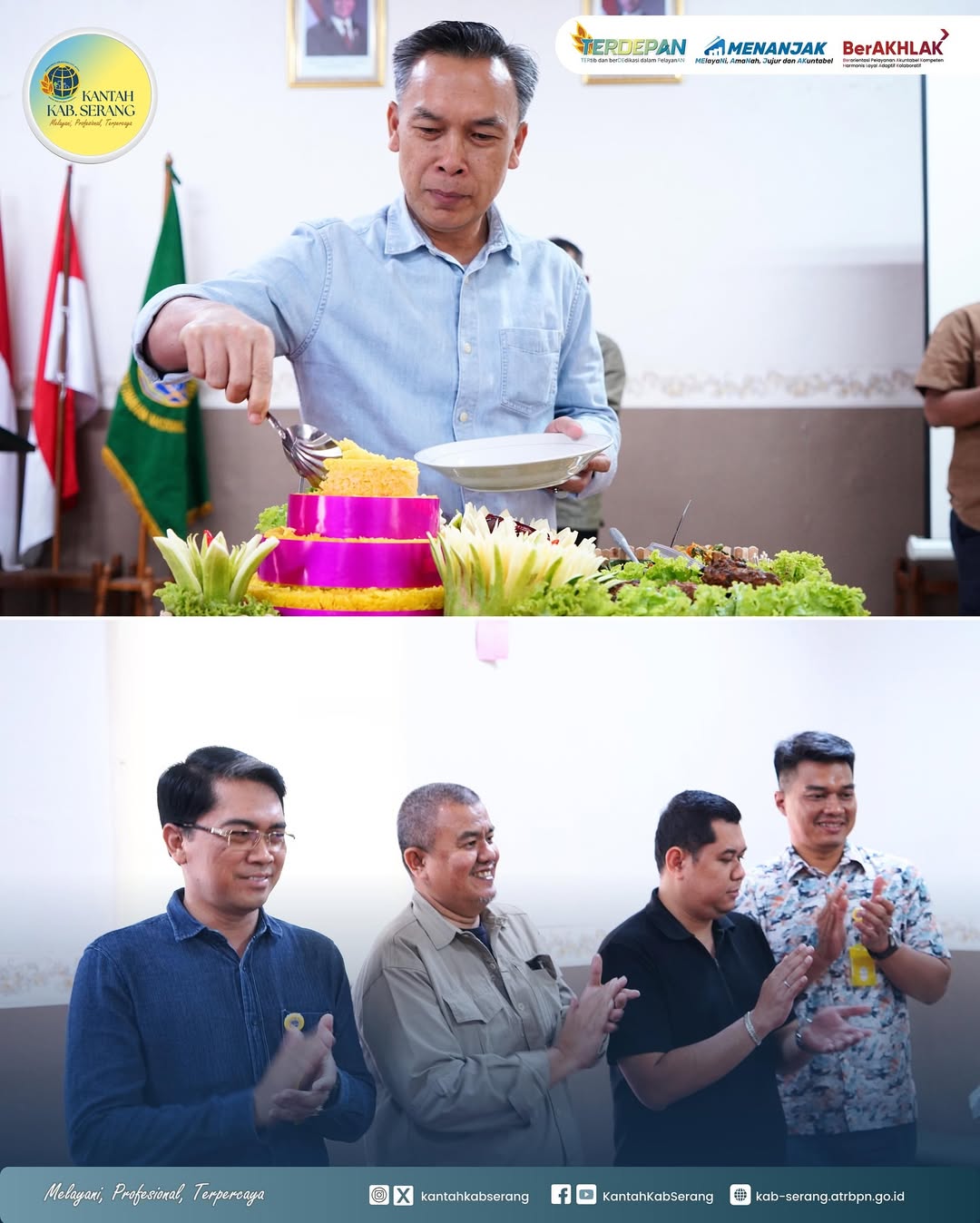 Kantor Pertanahan Kabupaten Serang menggelar acara sederhana namun penuh makna dengan menghidangkan nasi tumpeng kuning sebagai simbol rasa syukur dan kebersamaan.