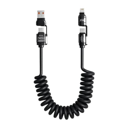 Câble de Charge Spirale 4-en-1 240W – USB-C, Lightning, PD (Noir)