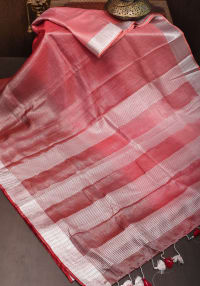 Pomegranate Ombre Tissue Linen Saree with Silver Ribbed Borders