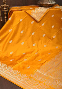 Mustard mashru Silk Saree with scalloped Borders and dainty Buttas  | SILK MARK CERTIFIED