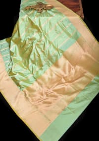 Dewy Green Pure Katan Silk Banarasi Saree with ornate 2 design stripes | SILK MARK CERTIFIED