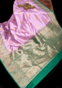 Thistle Banarasi Katan Silk Saree with Damask buttas and Rama Contrast | SILK MARK CERTIFIED