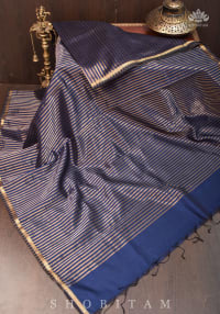 Deep Ink Blue Handwoven Vertical Zari Stripes Maheshwari Silk Cotton Saree