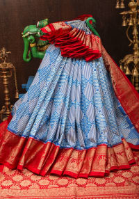 Blue and White Base Ikkat Optical Illusion Design Patola with Kanjivaram Pure Silk Fusion Saree and contrast Red Border | SILK MARK CERTIFIED