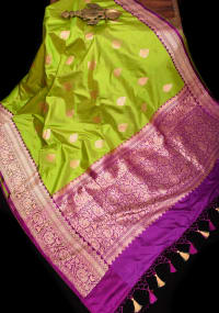 Chartreuse and Purple Banarasi Katan Silk Saree with Zari detailing | SILK MARK CERTIFIED