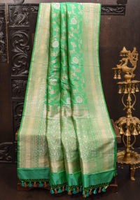 Leaf Green Alfi  Pure Katan Silk Banarasi Saree with Floral Jaal Weave | SILK MARK CERTIFIED