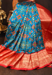 Ikkat Kanjivaram Fusion Silk Saree in Peacock Blue & Red with Wide Zari Border | SILK MARK CERTIFIED