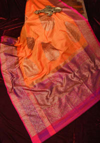 Orange Dupion Banarasi Silk Saree with Two Tone Border and large antique zari buttas | SILK MARK CERTIFIED