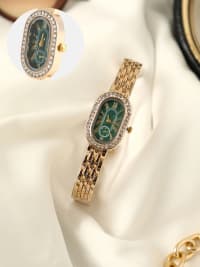 The Embellished Roman Oval Watch - Emerald Green-Watches