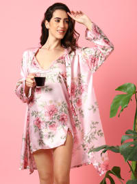 Floral Print 2 Tops, Dress, Pyjama & Coat Satin Night Wear Set-M