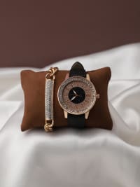 Rose Gold Embellished Stone Analog Round Dial With Black Textured Leather Strap Watch & Bracelet-Watch Combos