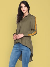 Olive Green High Low Shirt With Emroidered Sleeves-XL