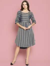 Grey Striped Dress With Curved Hemline-S