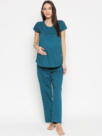 Women Teal Blue & Yellow Printed Maternity Night Suit