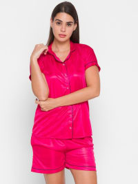 Women Red Satin Lapel Collar Night Suit