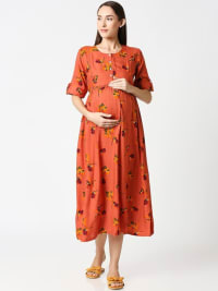 Orange Floral Printed Maternity Empire Midi Dress