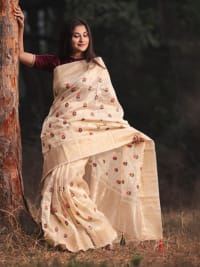 Floral Kutchi Embroidery Silk Cotton Saree