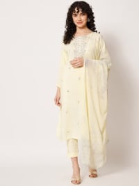Floral Embroidered Beads and Stones Pure Silk Kurta with Trousers & With Dupatta