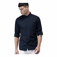 Hotbutton.in Men Solid Slim Fit Casual Navy Blue Shirt for Men (Medium)