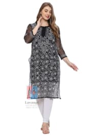 Lavangi Women Lucknow Chikankari Black Georgette Kurti with Matching Cotton Inner