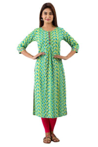 JAIPURETHNICWEAVESWomens Cotton Geometric Print A-Line Kurta (Green)