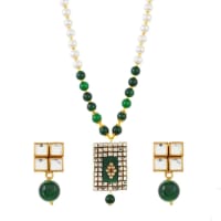 Abhaah kundan Jewelry pendent Necklace and Stud Earrings Green Onyx Beads Stone Jewellery Set for Women