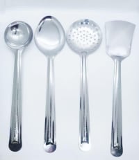 NURAT Kitchen Tools Stainless Steel Heavy Gauge Non-Stick 4 Piece Set of Ladle (Karchhi), Skimmer (Jhara), Solid Spoon (Chamcha) and Slotted Turner/Spatula (Palta) for Cooking/Frying/Stirring/Basting