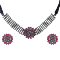Abhaah oxidized silver brass pink kundan choker necklace set with earrings for women