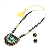 Le bijouxistic EKAM EK traditional pendent design necklace set with earrings for women in black and blue