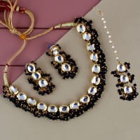LUCKY JEWELLERY Back Meenakari 18k Gold Plated Black Color Tika Earring Combo Uncut Big Faux Kundan Choker Necklace set (796-J5SK-1811-BL)
