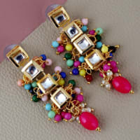 Lucky Jewellery Traditional Back Meenkari Gold Plated uncut kundan Multi Earrings (195-J5EK-1664-MT)