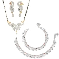 AanyaCentric Jewellery Set of Silver Plated Anklets and Gold-Plated 18" Mangalsutra Pendant Earring