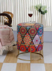 Shadowkart Ottoman Stool for Living Room | Metal Pouffes for Sitting Printed Ottoman | Foot Rest Wooden Ottoman Foot stools | Make up Dressing Side Table, 17 Inch Height