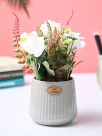 Market99 White Rose Flower With Grey Pot