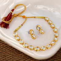 LUCKY JEWELLERY Back Meenakari 18K Gold Plated White color Uncut One Line Oval Kundan Stone Necklace Set with Earrings For Women & Girls (373-J5SK-1904)