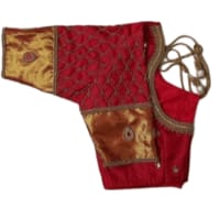 Red and gold embroidered silk blouse with zari work