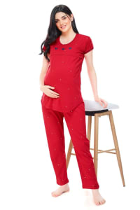 ZEYO Women Cotton Navy Blue Dot Print Maternity & Feeding Night Suit