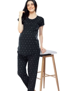 ZEYO Women Cotton Navy Blue Heart Print Maternity & Feeding Night Suit