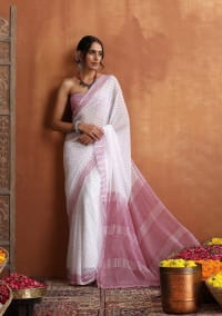 HOC Crafts Hand Block Chiffon Printed Women's Saree - White