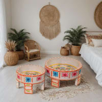 Floral Design Wooden Chowki Set, Traditional Wooden Pooja Chowki Set-Grey Colour Decorative Wooden Chowki Set of 2 (Grey)