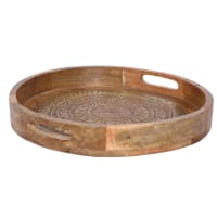Handcrafted Wooden Round Metal Serving Tray with Intricate Carving, Rustic Design